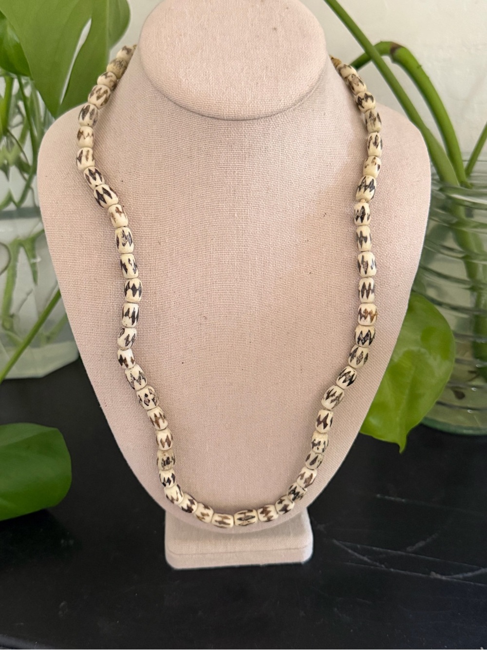 Vintage Batik Bone Beads Tubular African Black White Tribal Trade Beads Necklace